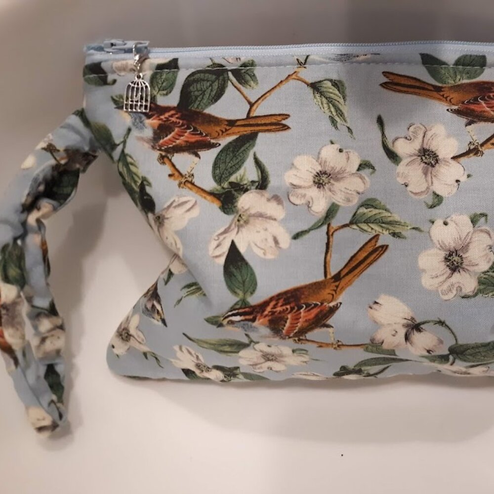 New Farmhouse Birds Wildlife Clutch travel bag Blue Brown 7" Wristlet Coin Purse